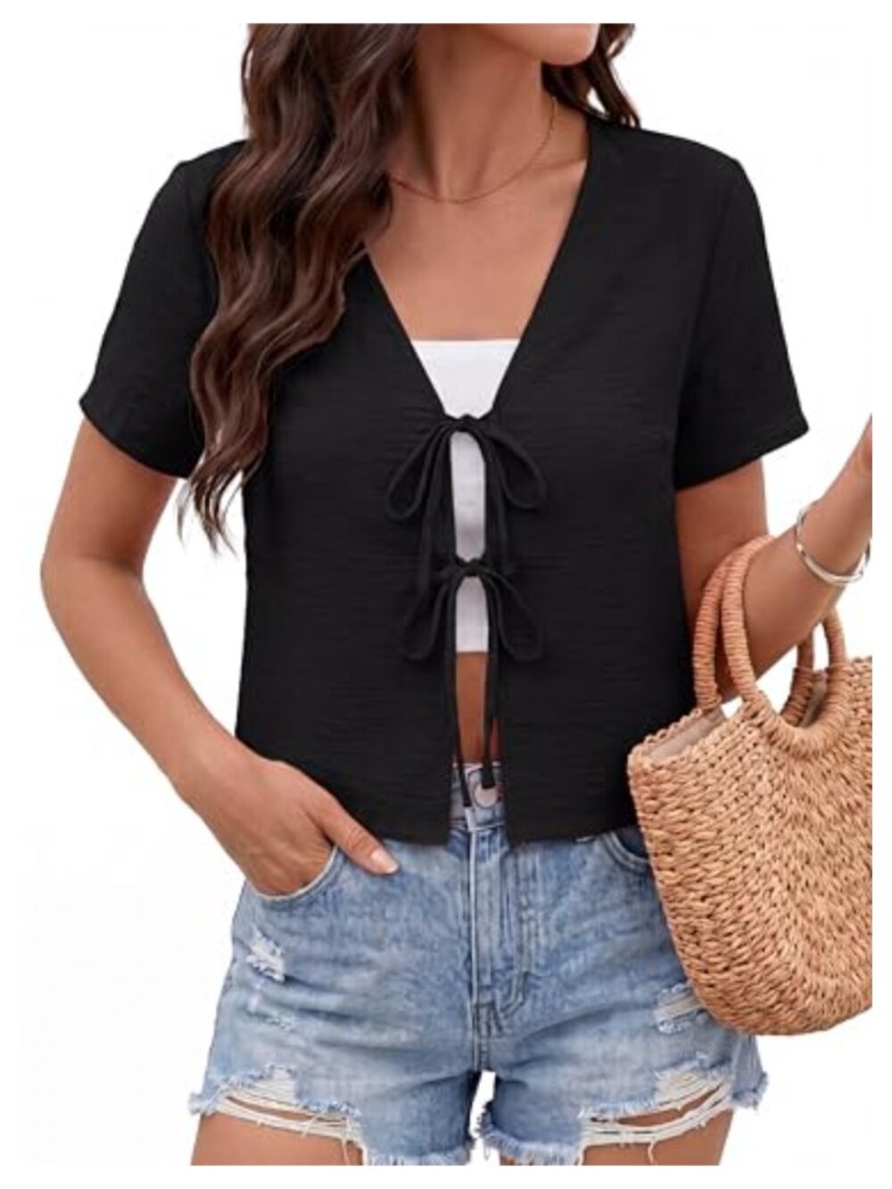 Tie-Front Short Sleeve Crop Cardigan Shrug Bolero for Women Summer Lightweight
